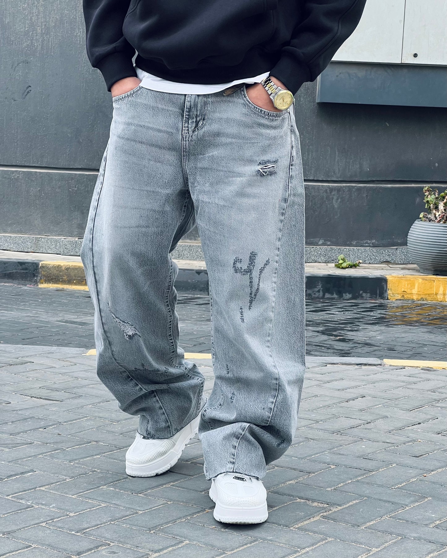 Gray Cutting Wide Leg