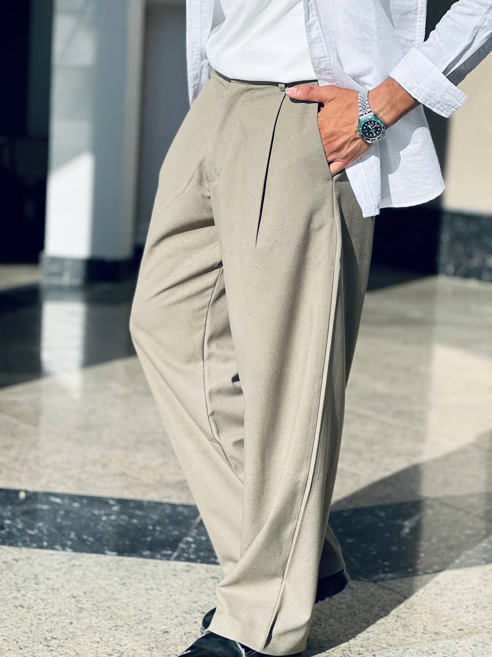 Light Olive Classic Wide-Leg Pants