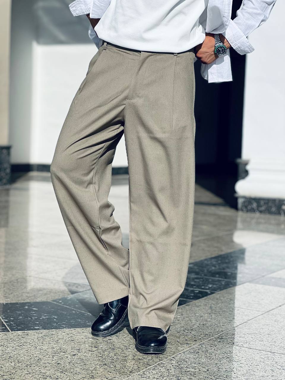 Light Olive Classic Wide-Leg Pants