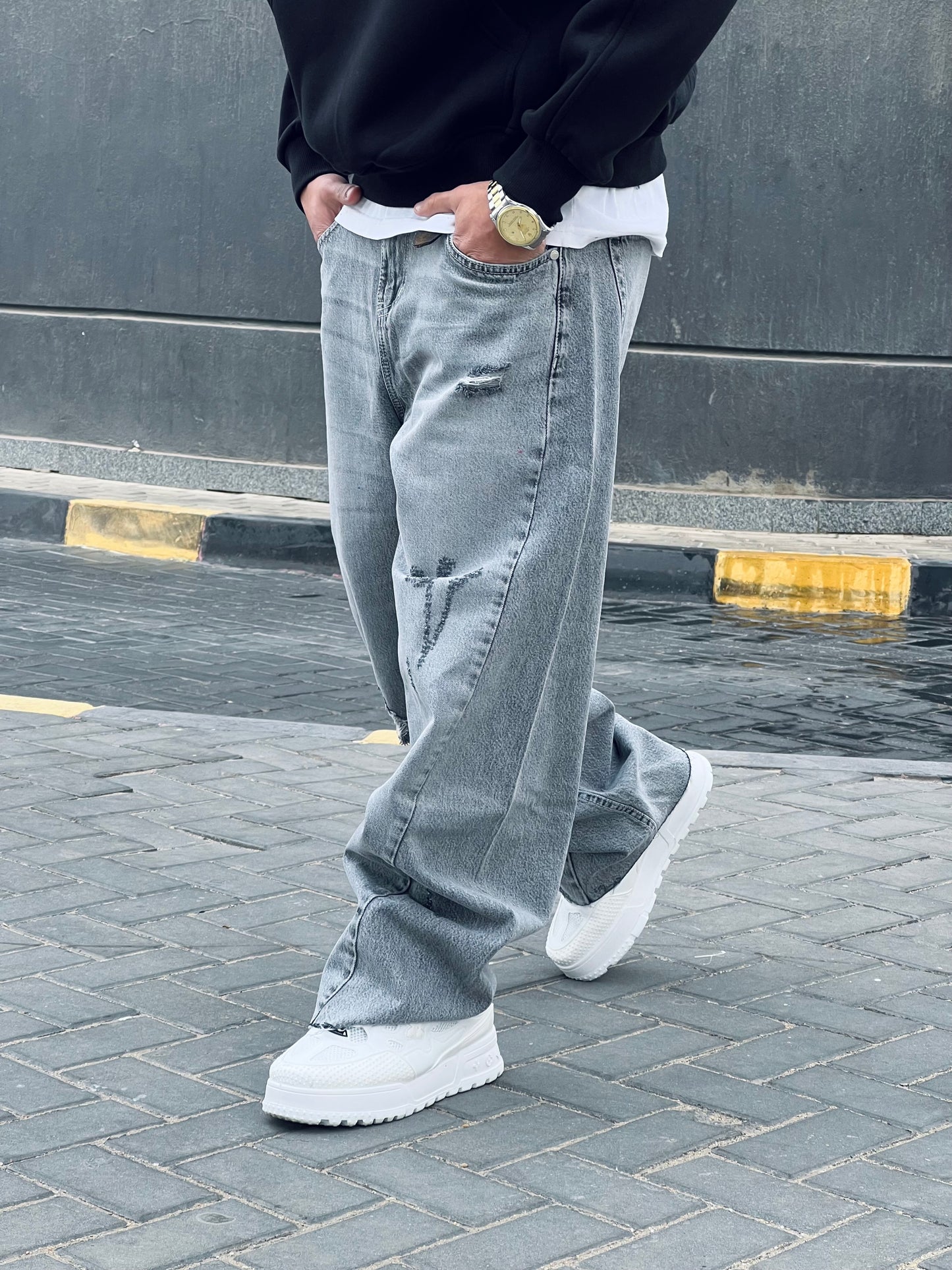Gray Cutting Wide Leg