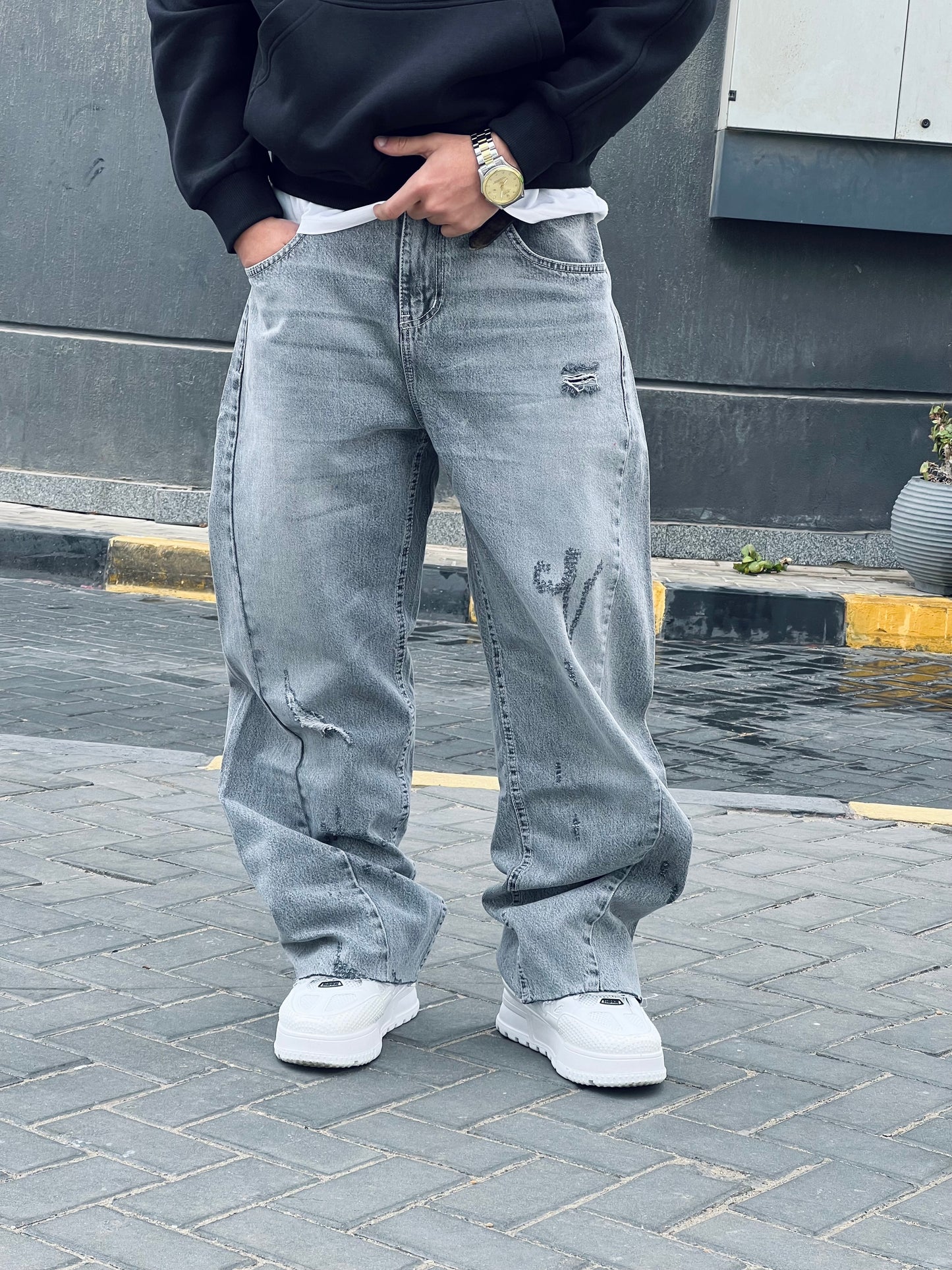 Gray Cutting Wide Leg