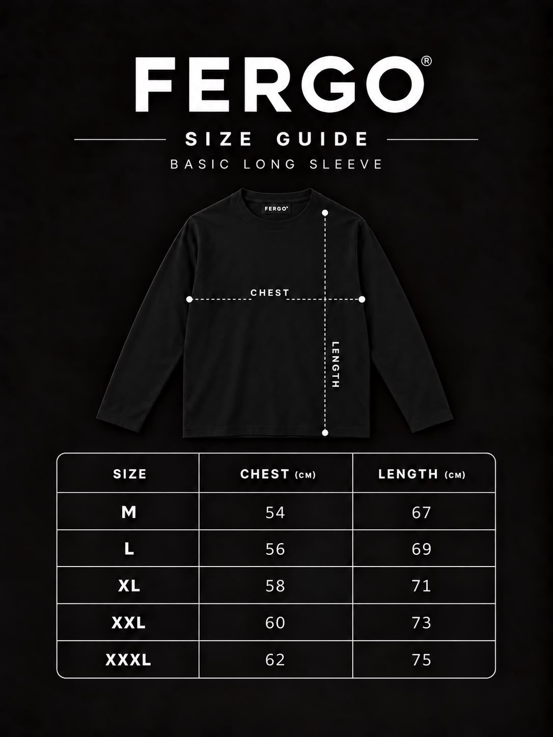 Basic Long Sleeve T-Shirt – white Size Guide