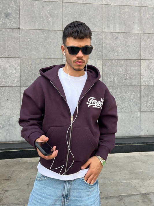 Crown Zipper Hoodie-Burgundy