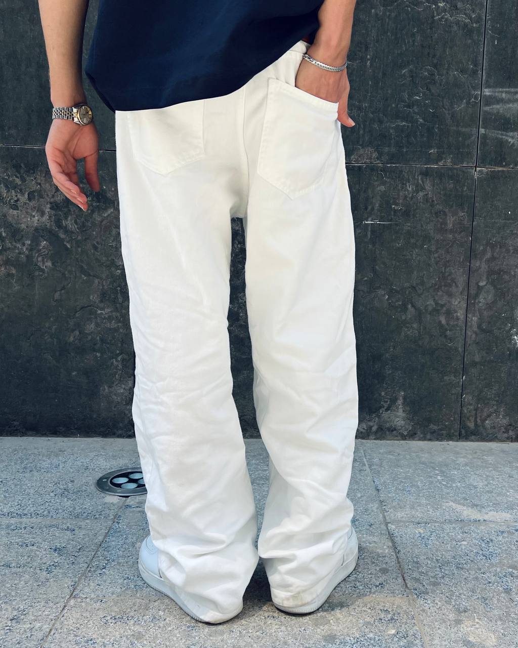 white denim wide leg