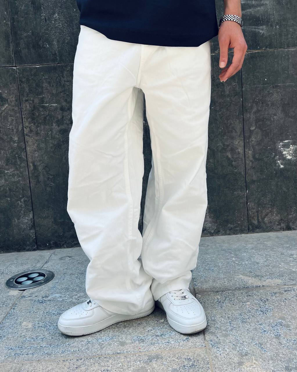 white denim wide leg