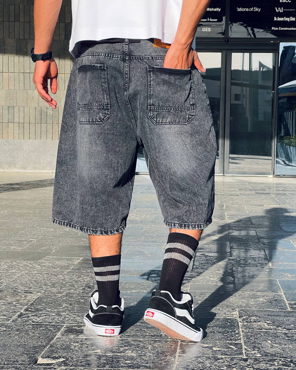 textured black jorts