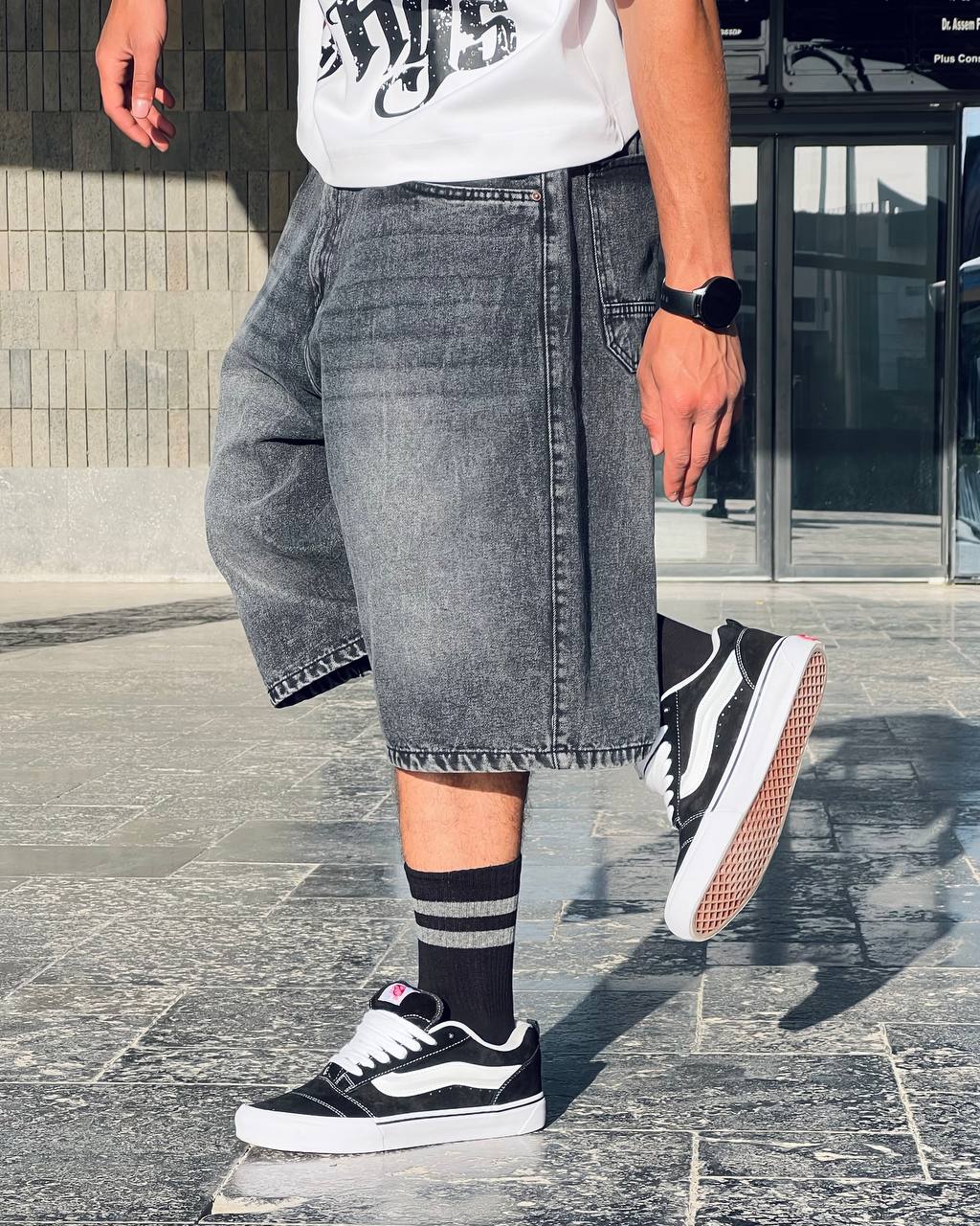 textured black jorts