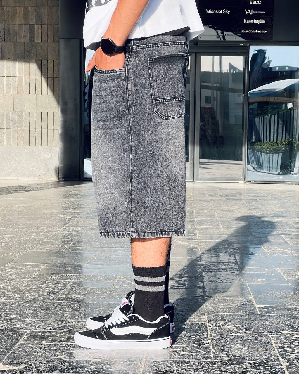 textured black jorts