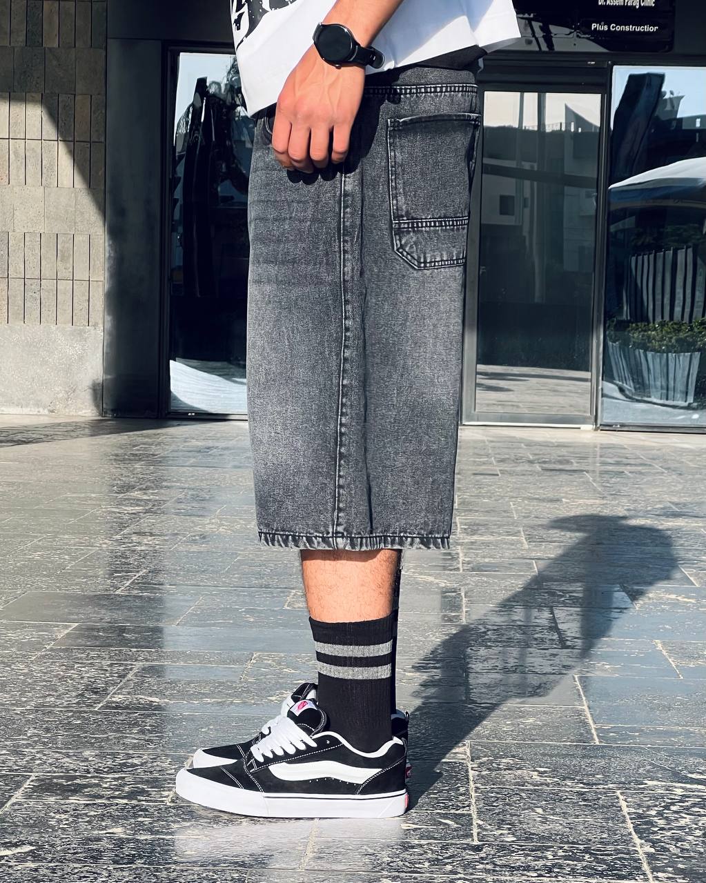 textured black jorts