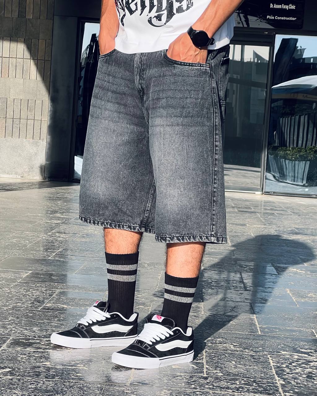 textured black jorts