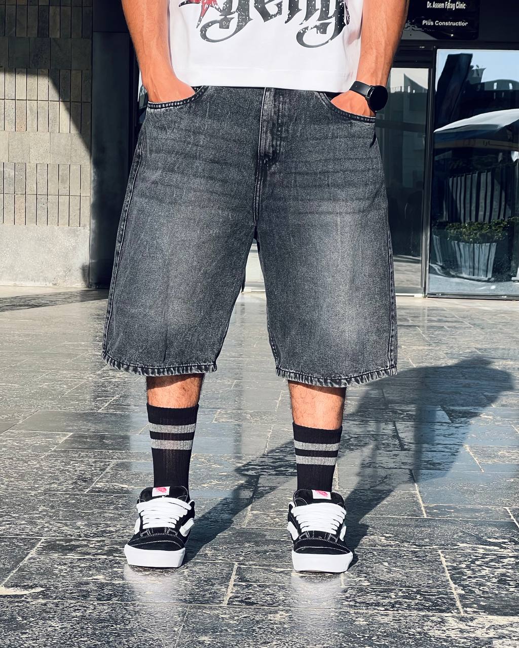 textured black jorts